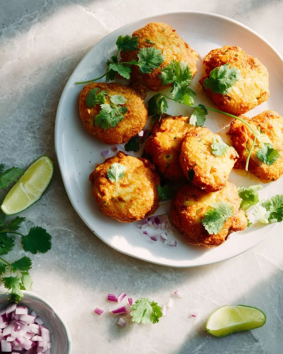 Golden brown fish cutlets served with dipping sauce on a plate.
