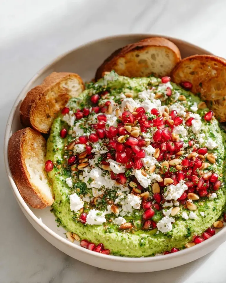 Creamy green pea dip served in a bowl with fresh herbs and pita chips