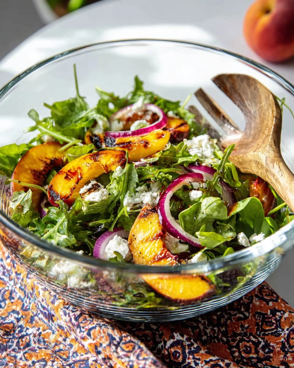 Delicious grilled peach salad with fresh ingredients and vibrant colors.