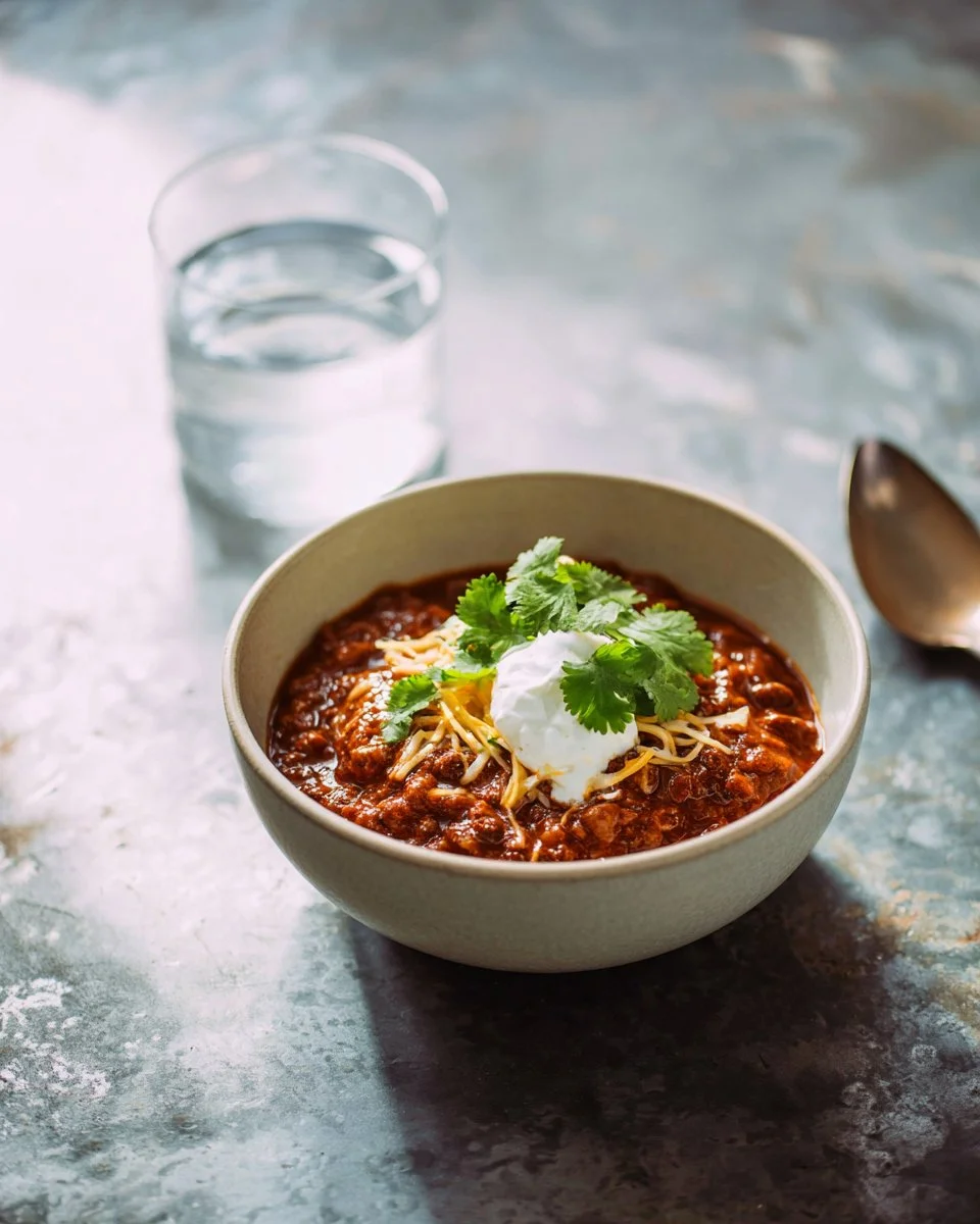 Bowl of Instant Pot chicken chili topped with cilantro and cheese