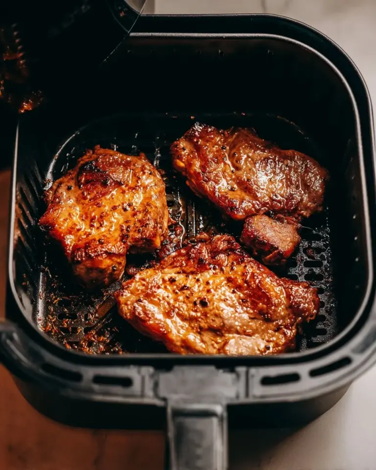 Juicy air fryer pork chops served on a plate with herbs and spices.