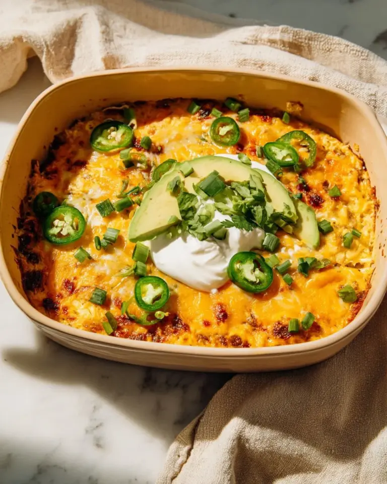 Delicious homemade Mexican Chicken Casserole topped with cheese and garnished.