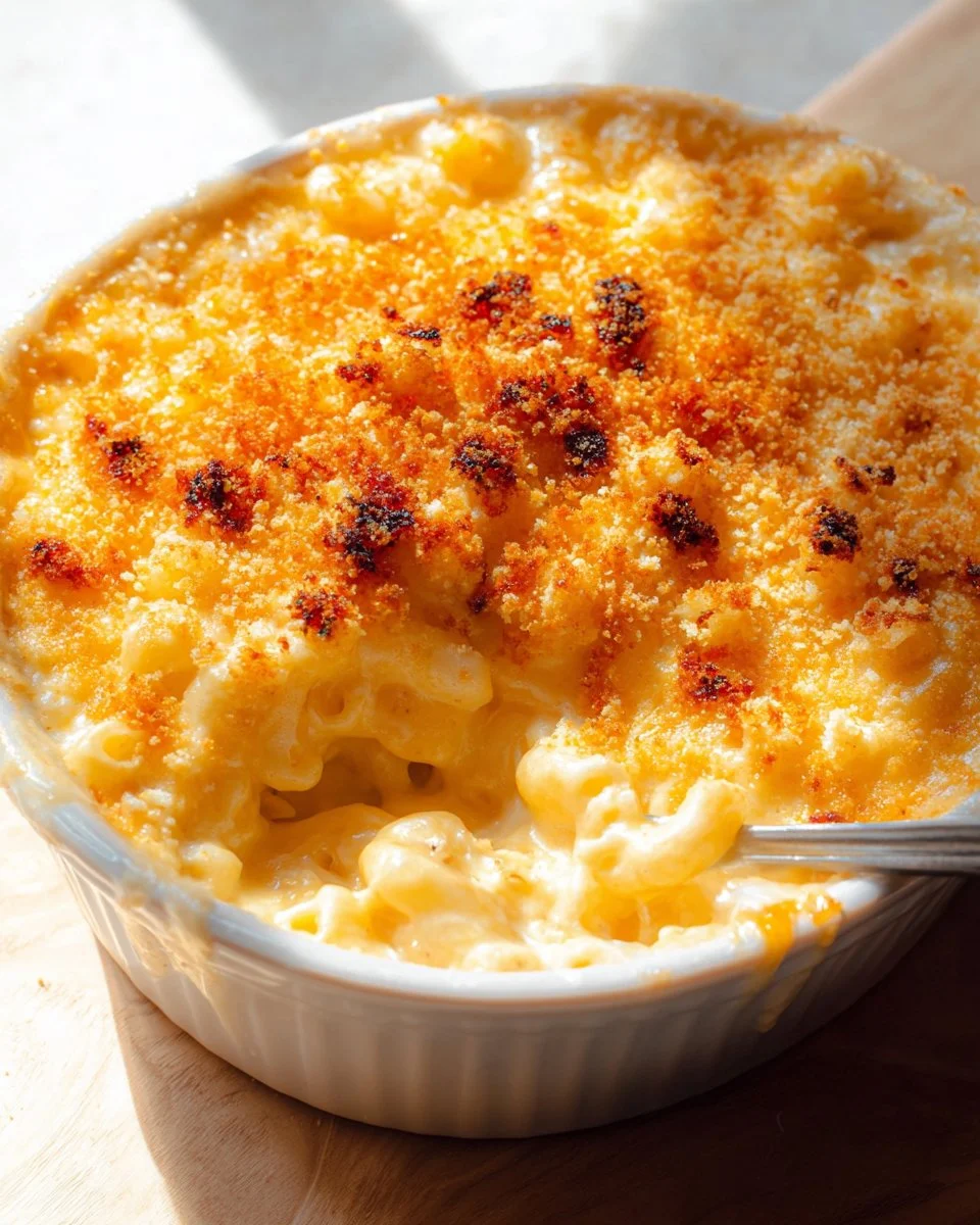 Delicious old fashioned baked macaroni and cheese in a golden dish