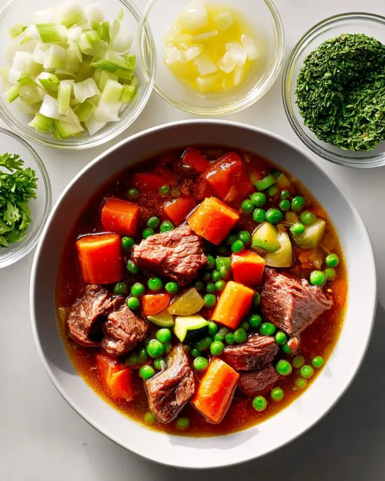 Bowl of Old Fashioned Vegetable Beef Soup with tender beef and vegetables
