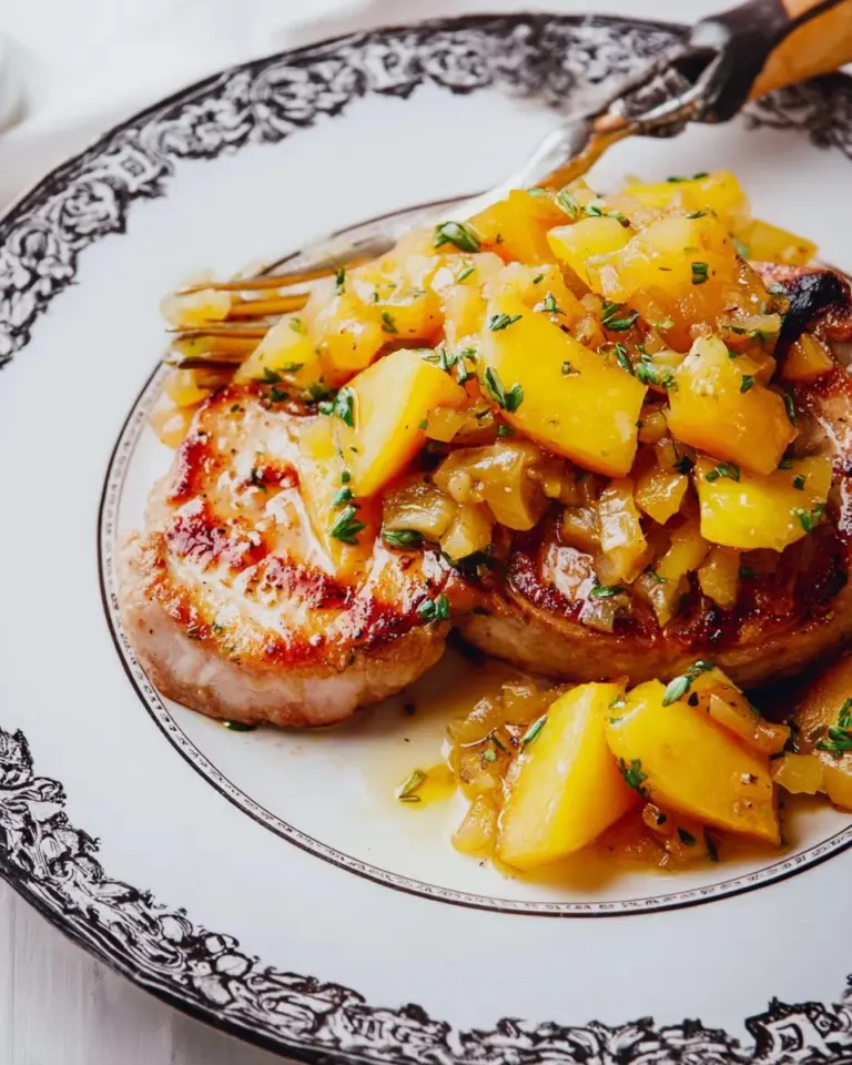 Skillet pork chops with apples and pan sauce served on a plate.