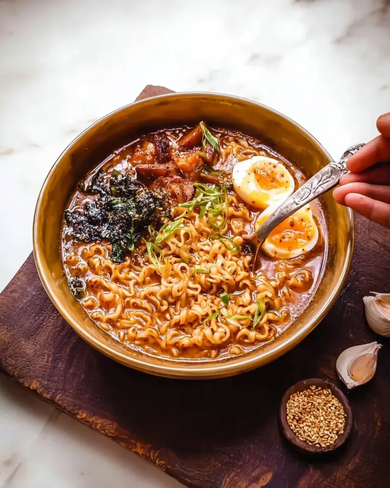 A bowl of spicy ramen topped with green onions and sesame seeds