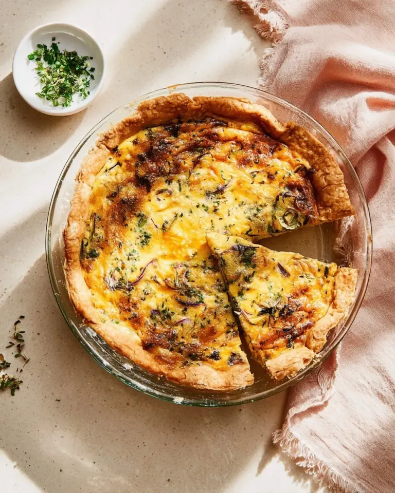 Homemade spinach mushroom quiche fresh out of the oven, garnished with herbs.