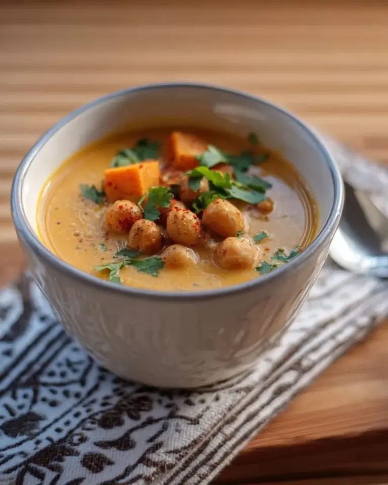 Bowl of Sweet Potato Curry Chickpea Soup served with fresh herbs.