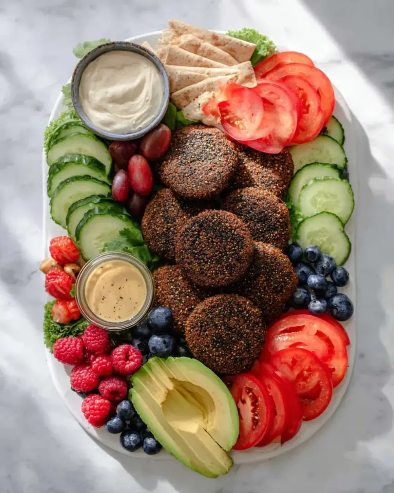 Vegan breakfast sausage patties served on a plate with fresh vegetables.