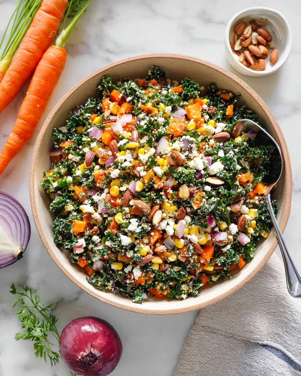 A vibrant warm kale and lentil salad topped with fresh herbs and a zesty dressing.