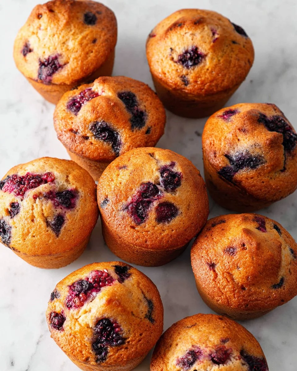 Freshly baked banana blackberry muffins on a rustic wooden table