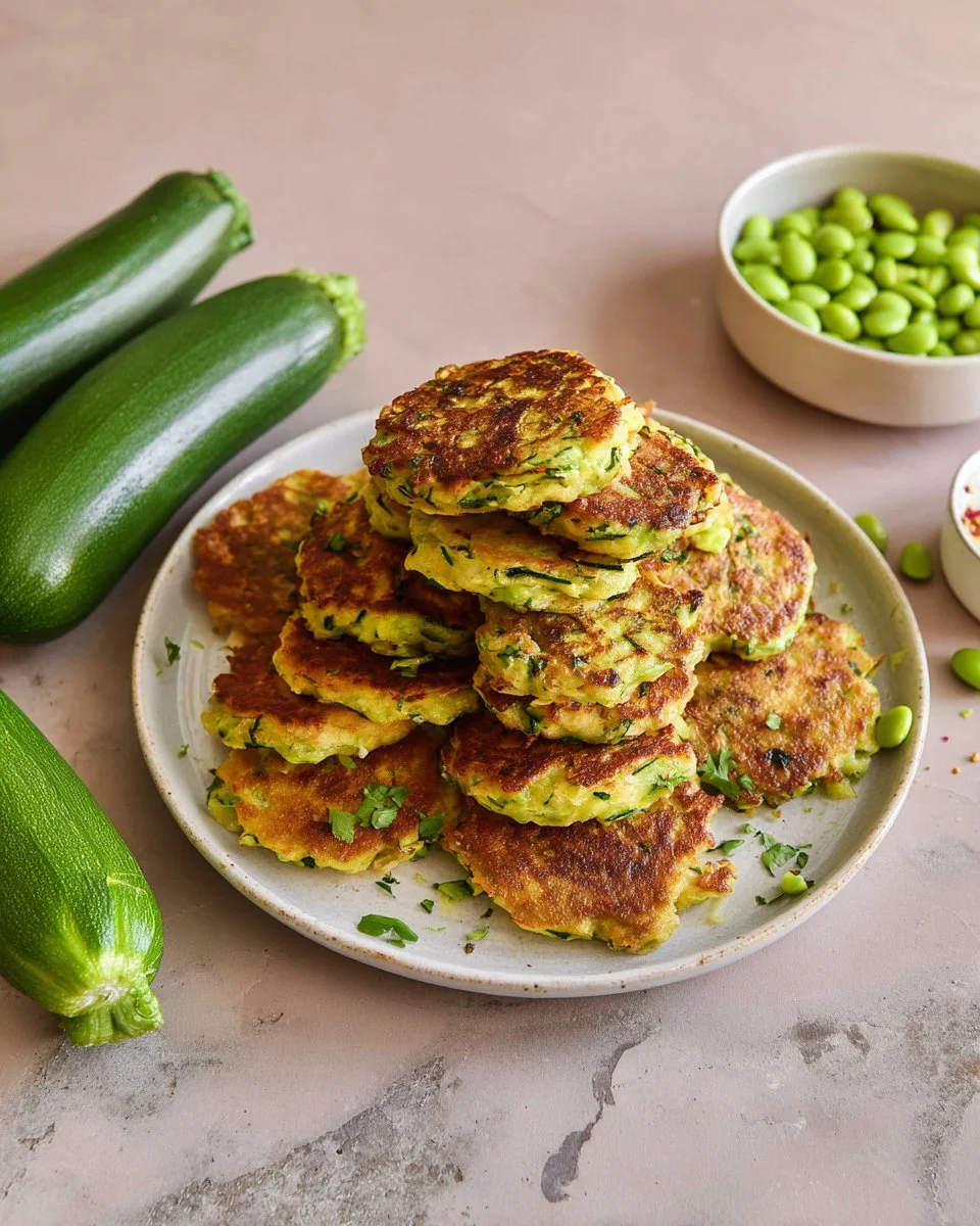 Delicious zucchini edamame fritters served on a plate with dipping sauce