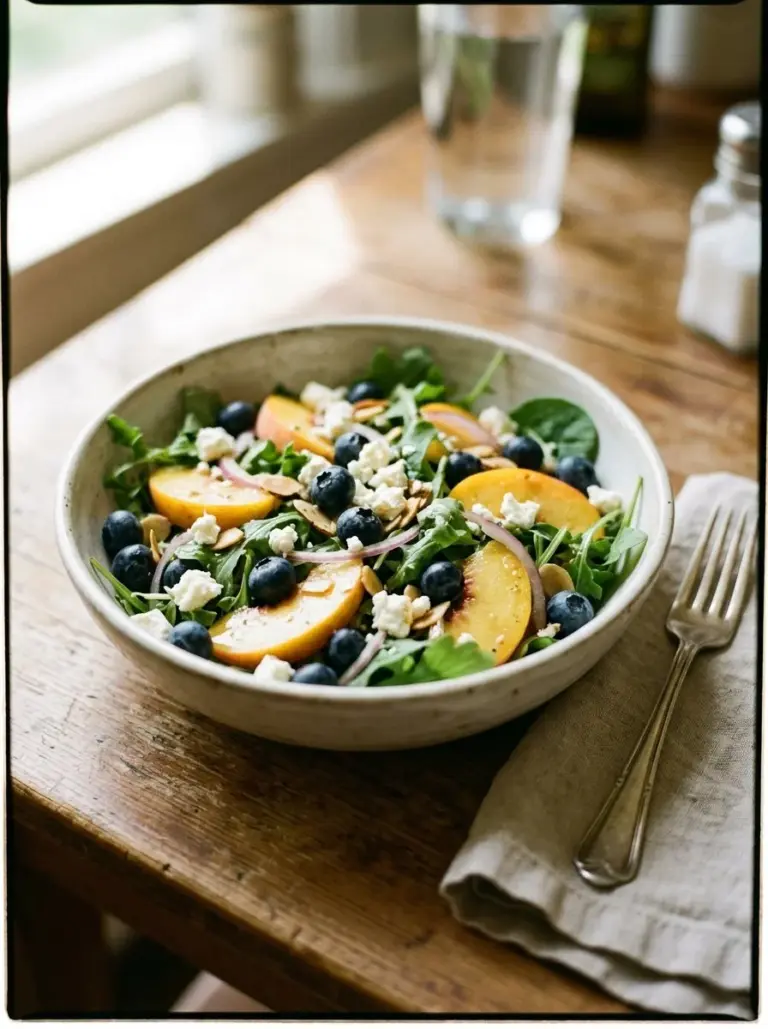 A vibrant Blueberry Peach Feta Salad with fresh ingredients and colorful presentation.