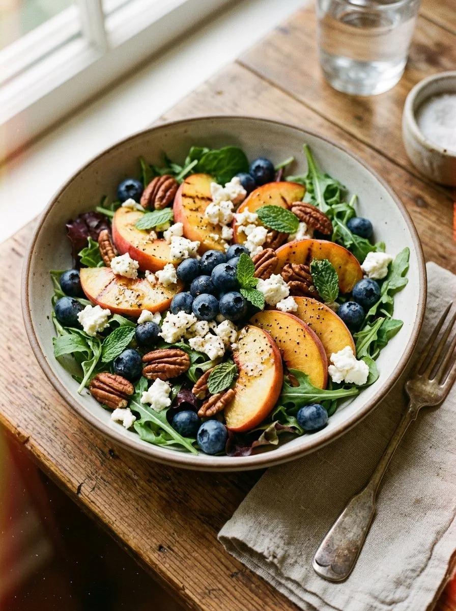 Fresh Blueberry Peach Feta Salad with vibrant fruits and creamy feta cheese