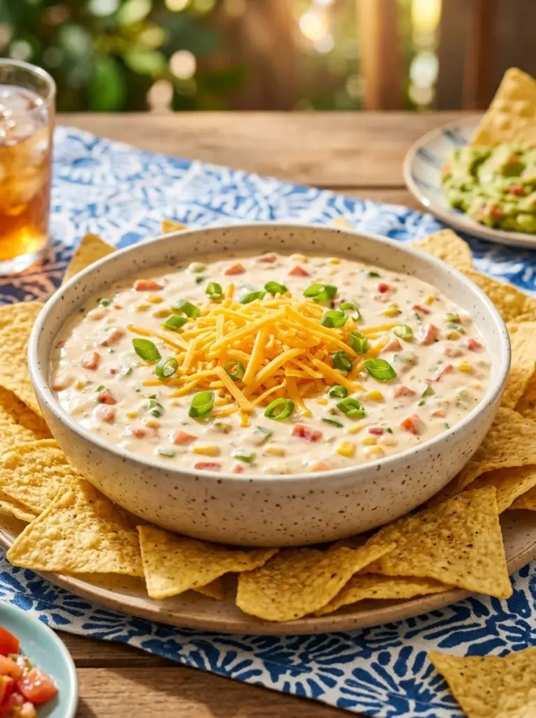 Delicious Boat Dip served with chips and vegetables
