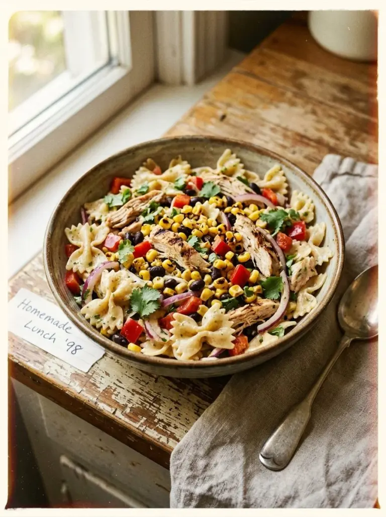 Bow Tie Pasta Salad filled with colorful vegetables and a light dressing.