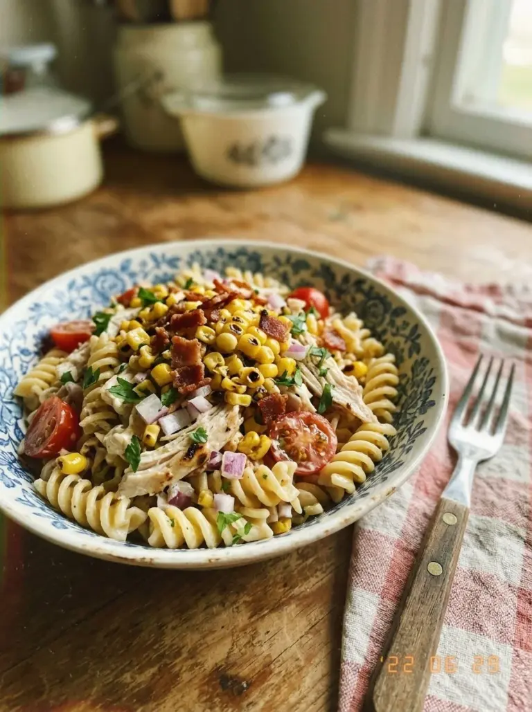 Delicious Chicken and Corn Pasta Salad with crispy bacon
