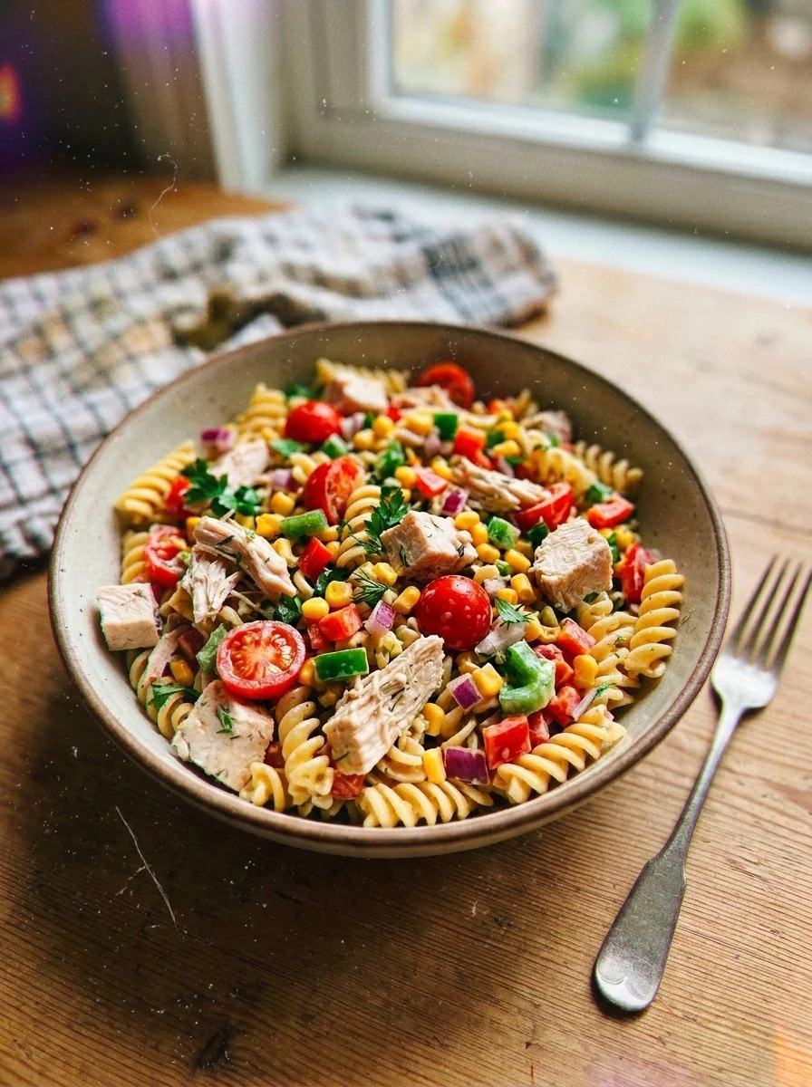 Delicious Chicken Pasta Salad with fresh vegetables and dressing