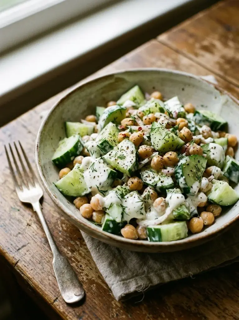 Chickpea and cucumber salad with creamy yogurt dressing in a bowl