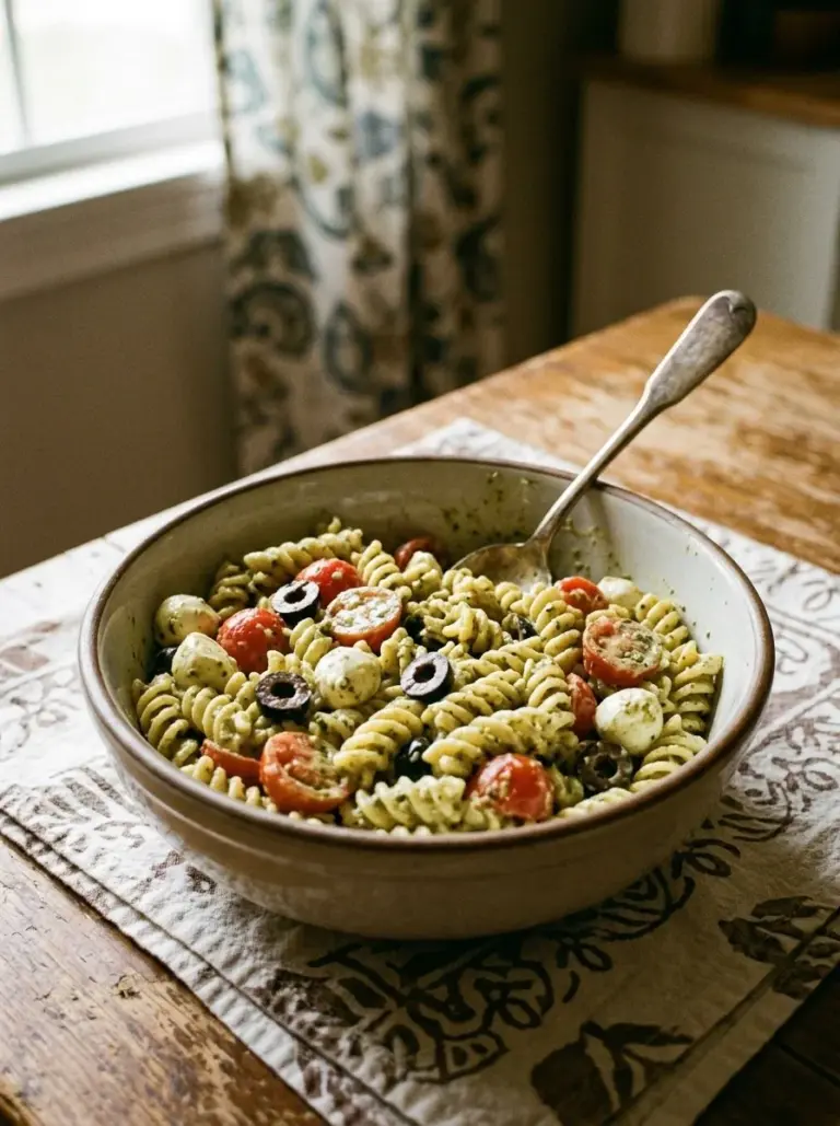 Creamy Pesto Pasta Salad with fresh ingredients and vibrant colors