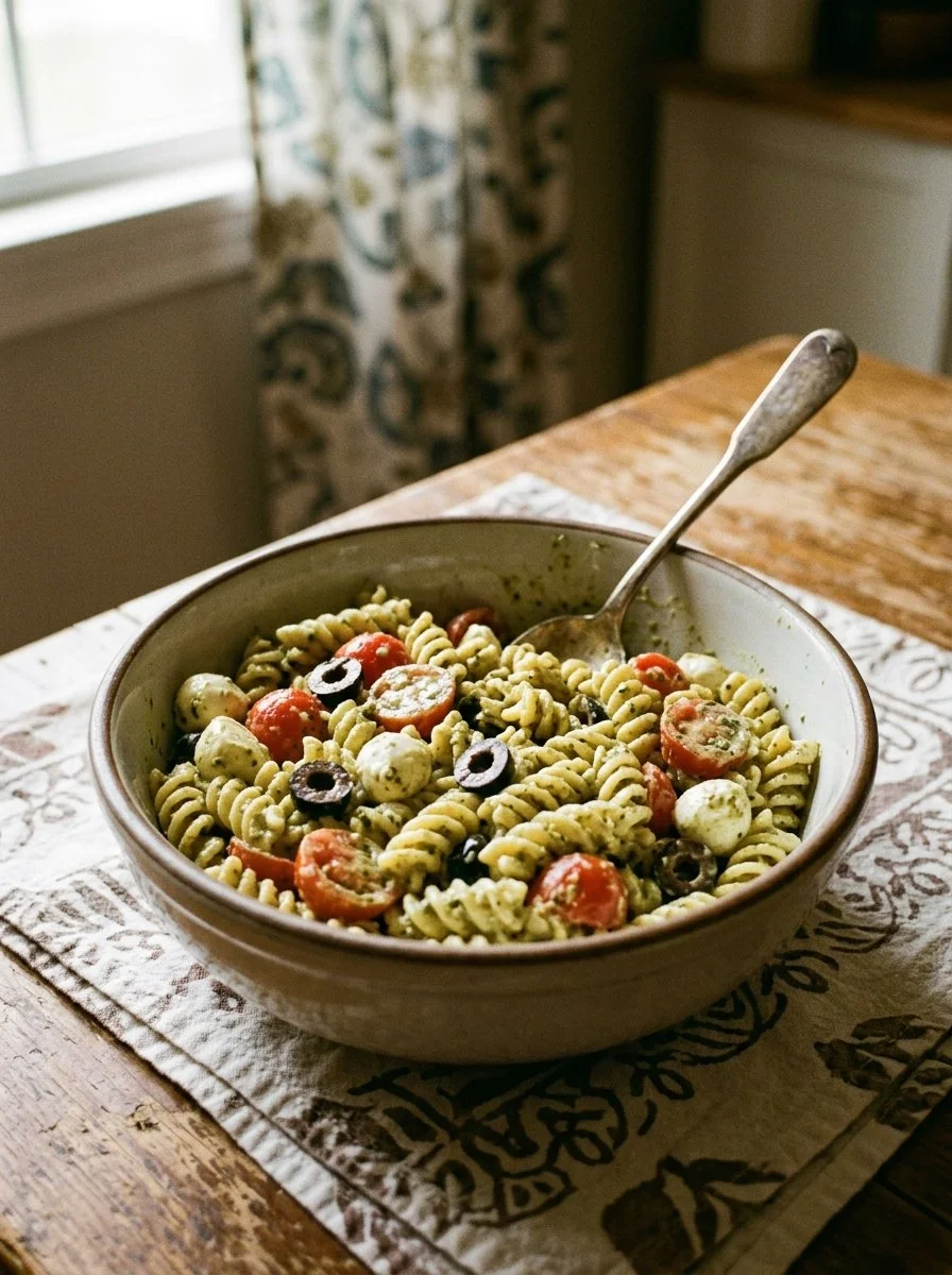Creamy Pesto Pasta Salad with fresh ingredients and vibrant colors