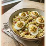 Bowl of deviled egg pasta salad with garnishes