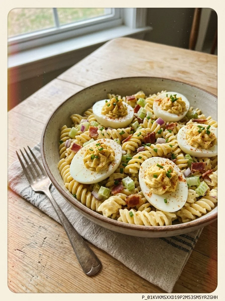 Bowl of deviled egg pasta salad with garnishes