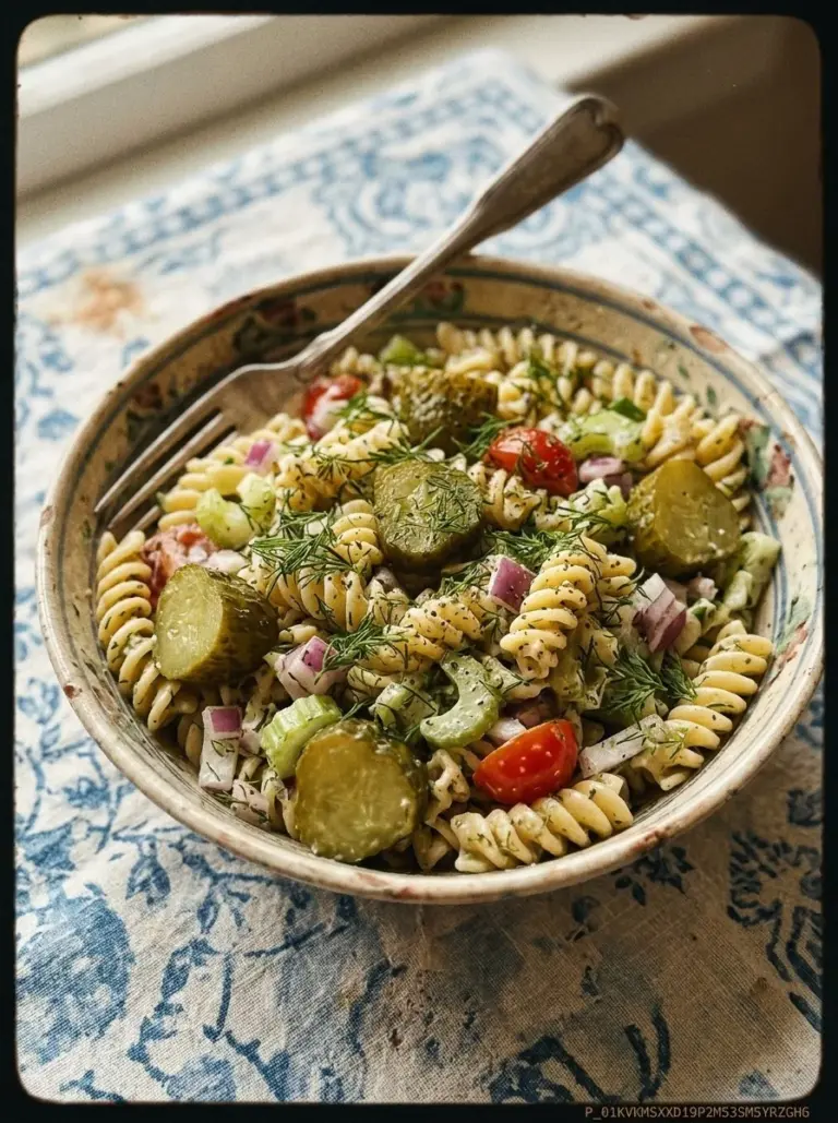 Delicious Dill Pickle Pasta Salad with crunchy pickles and creamy dressing