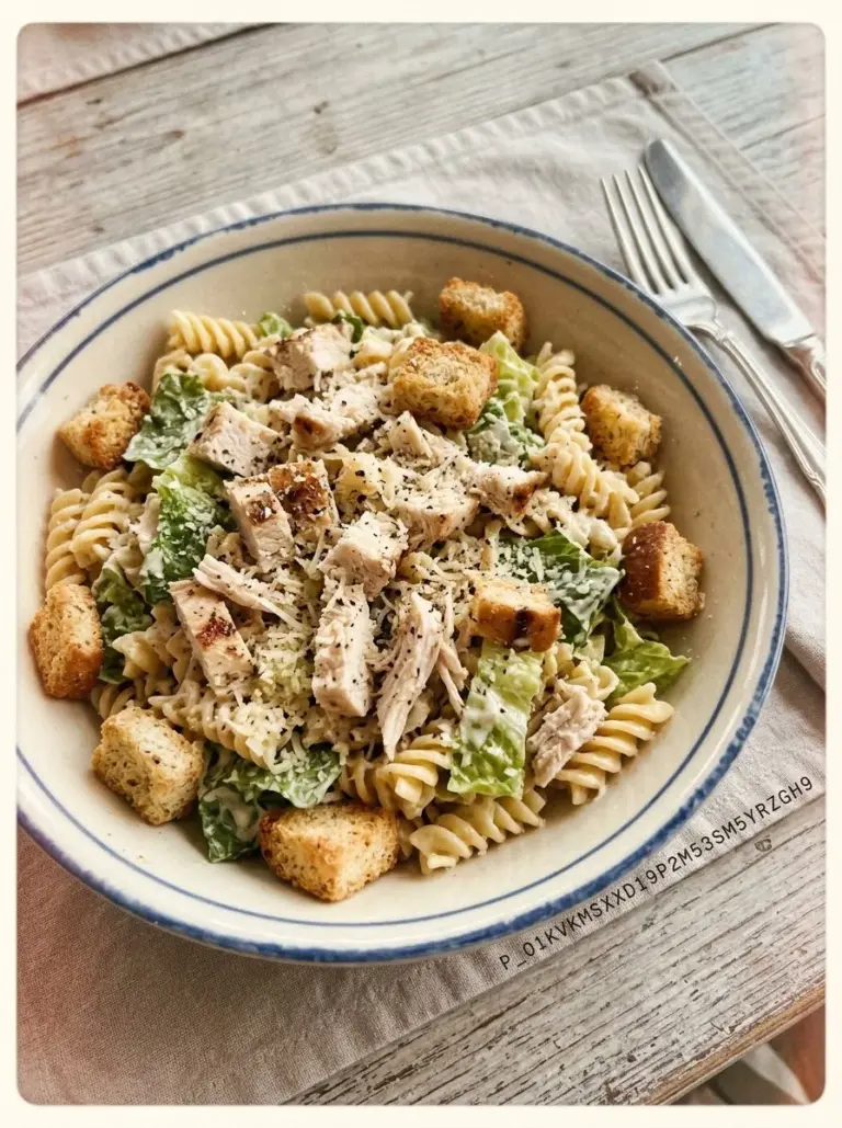 Delicious Easy Chicken Caesar Pasta Salad with fresh ingredients