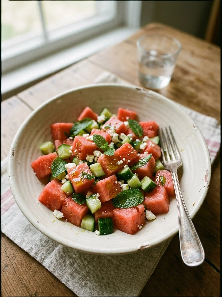 Easy keto watermelon salad topped with lime mint dressing