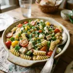 Colorful easy pasta salad with vegetables and dressing in a bowl