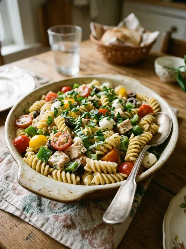 Colorful easy pasta salad with vegetables and dressing in a bowl
