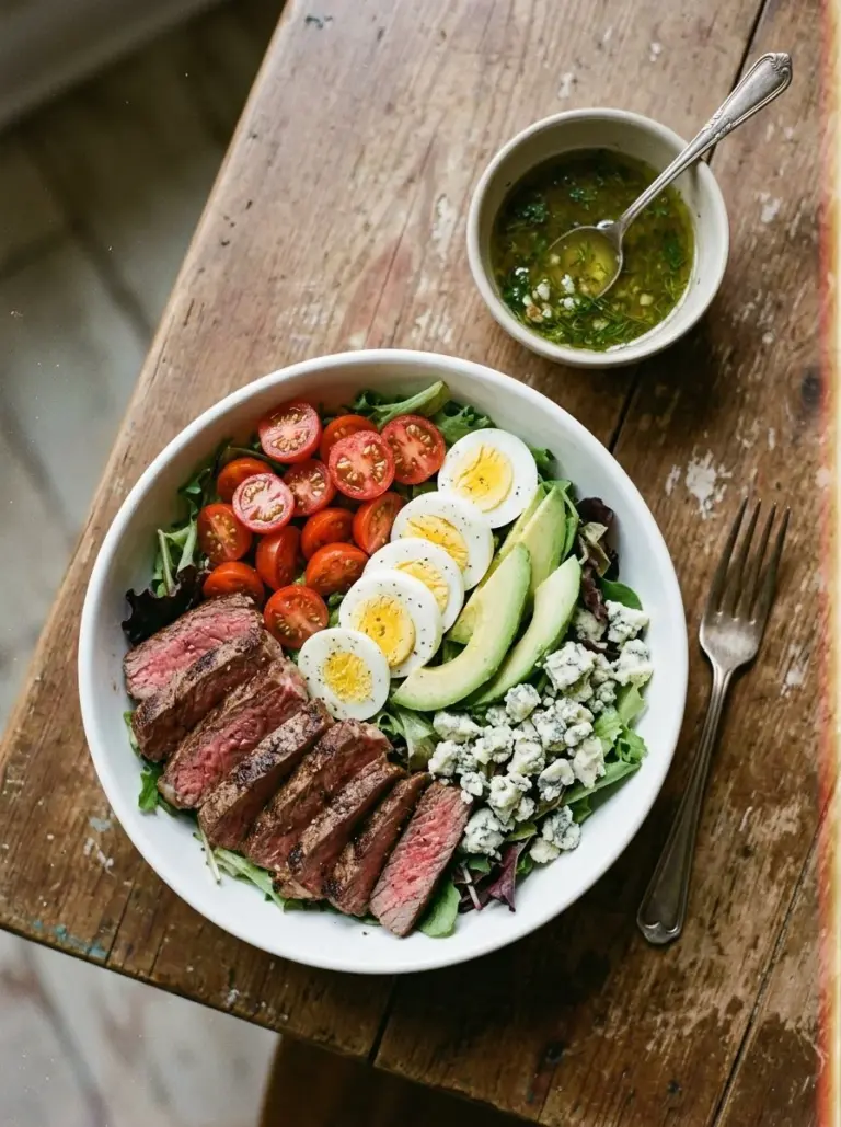 Delicious steak cobb salad with herb vinaigrette dressing and fresh ingredients