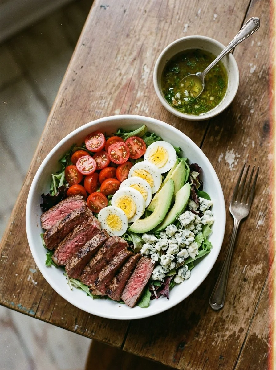 Delicious steak cobb salad with herb vinaigrette dressing and fresh ingredients
