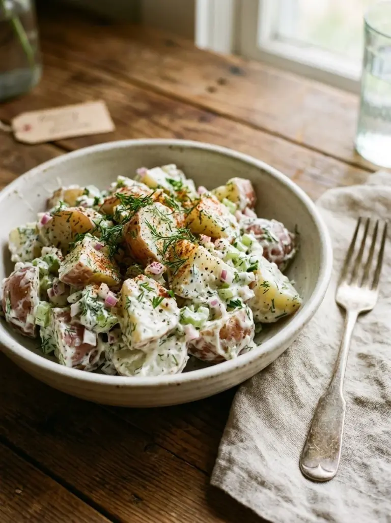 Healthy Greek Yogurt Potato Salad in a bowl, garnished with herbs.