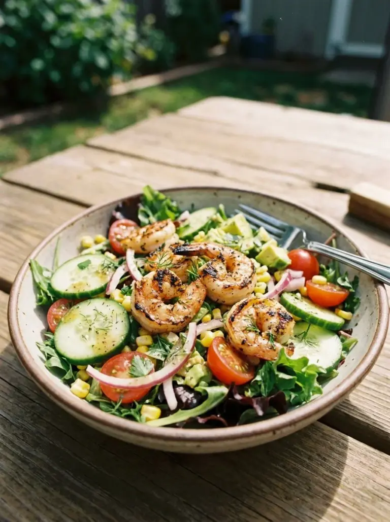 Delicious grilled shrimp summer salad with fresh vegetables and dressing