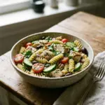Herby Lemon Chicken Pasta Salad with colorful vegetables and herbs