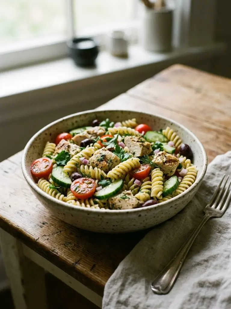Herby Lemon Chicken Pasta Salad with colorful vegetables and herbs