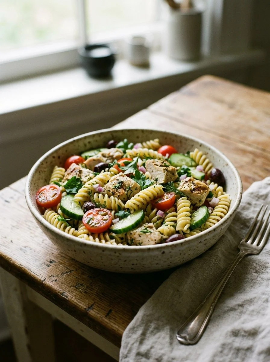 Herby Lemon Chicken Pasta Salad with colorful vegetables and herbs