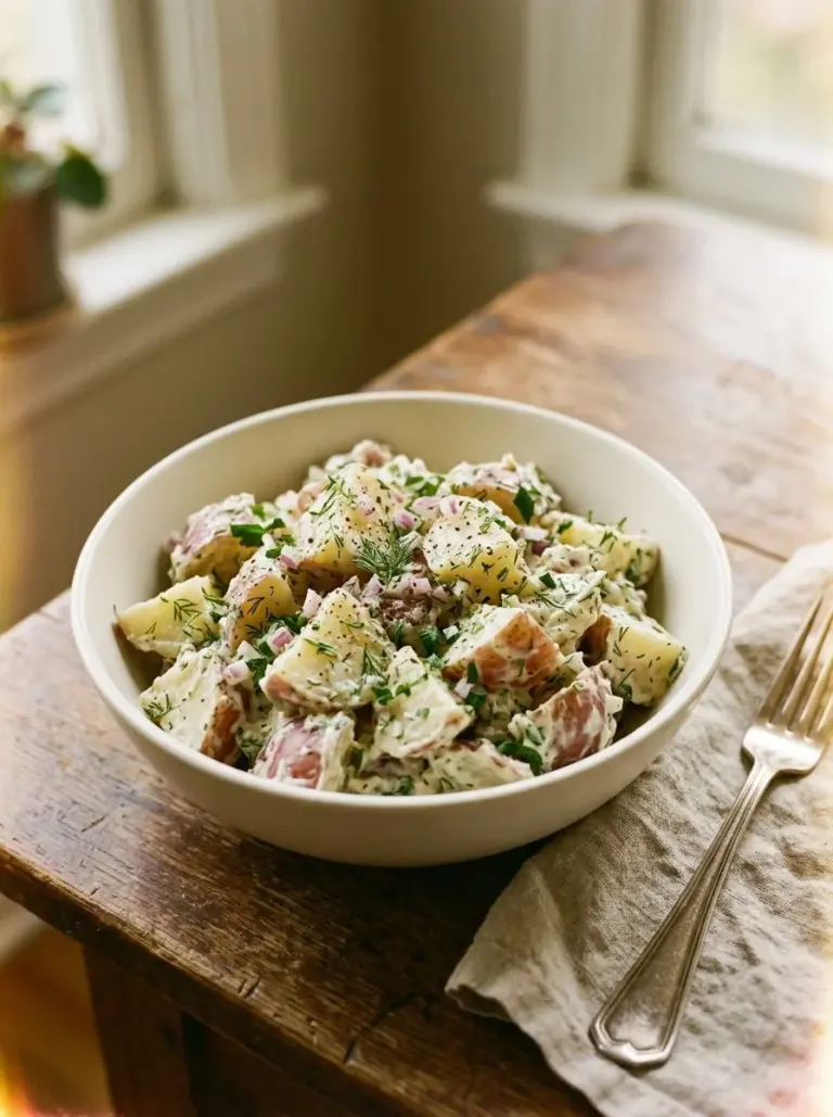 Ina Garten's creamy potato salad served in a bowl with fresh herbs.