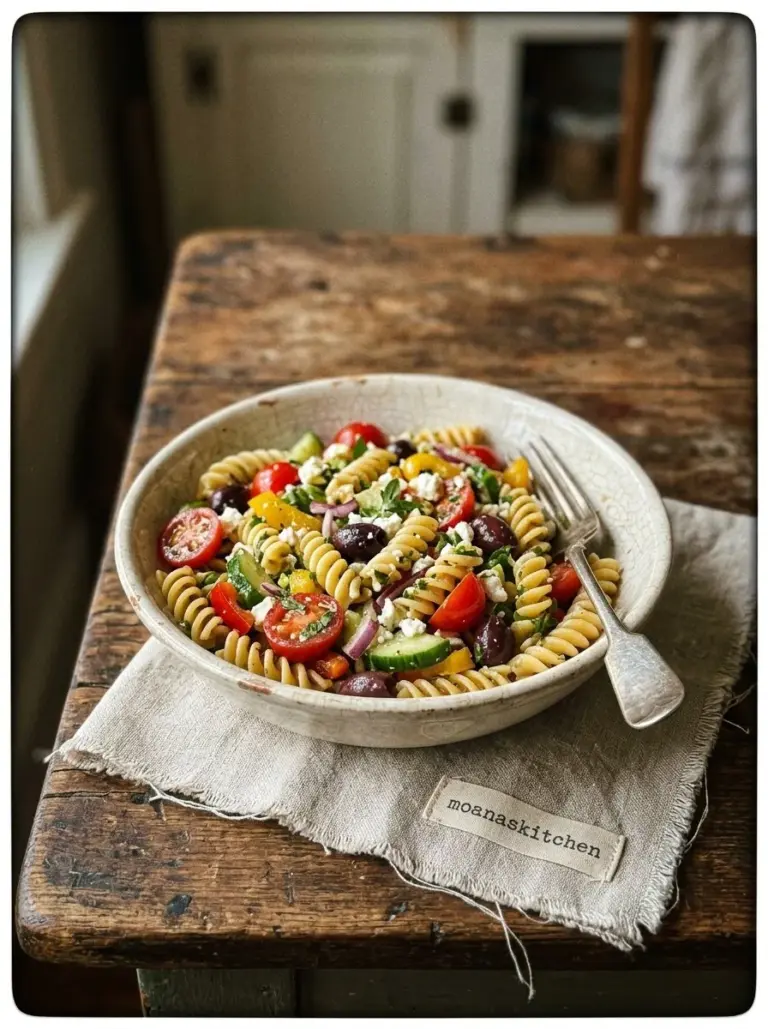 Colorful Mediterranean pasta salad with vegetables and olives in a bowl