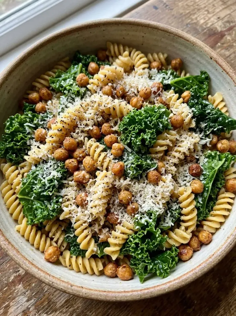 Kale Caesar Pasta Salad with creamy dressing and fresh ingredients
