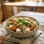 A colorful bowl of pesto pasta salad with fresh vegetables and herbs