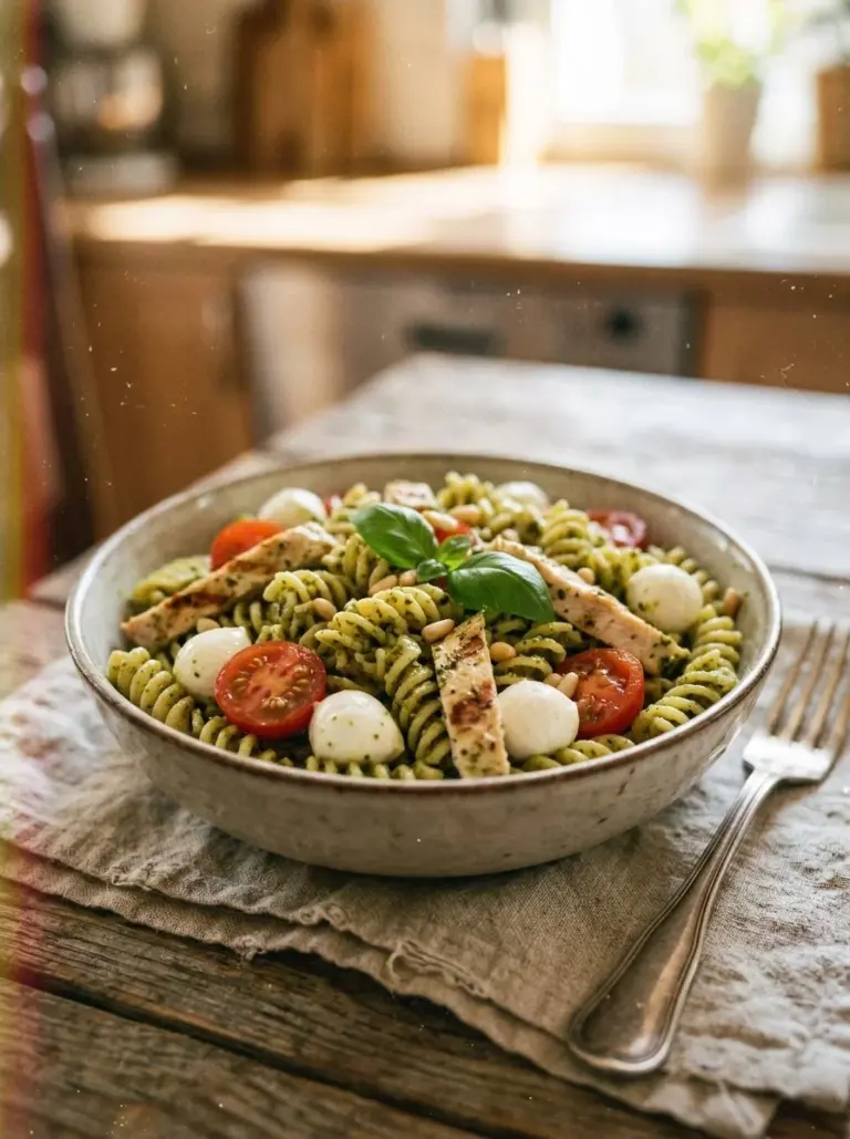 A colorful bowl of pesto pasta salad with fresh vegetables and herbs