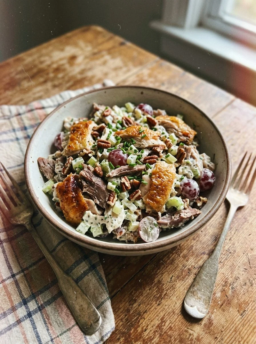 A wholesome rotisserie chicken salad with fresh vegetables and dressing.