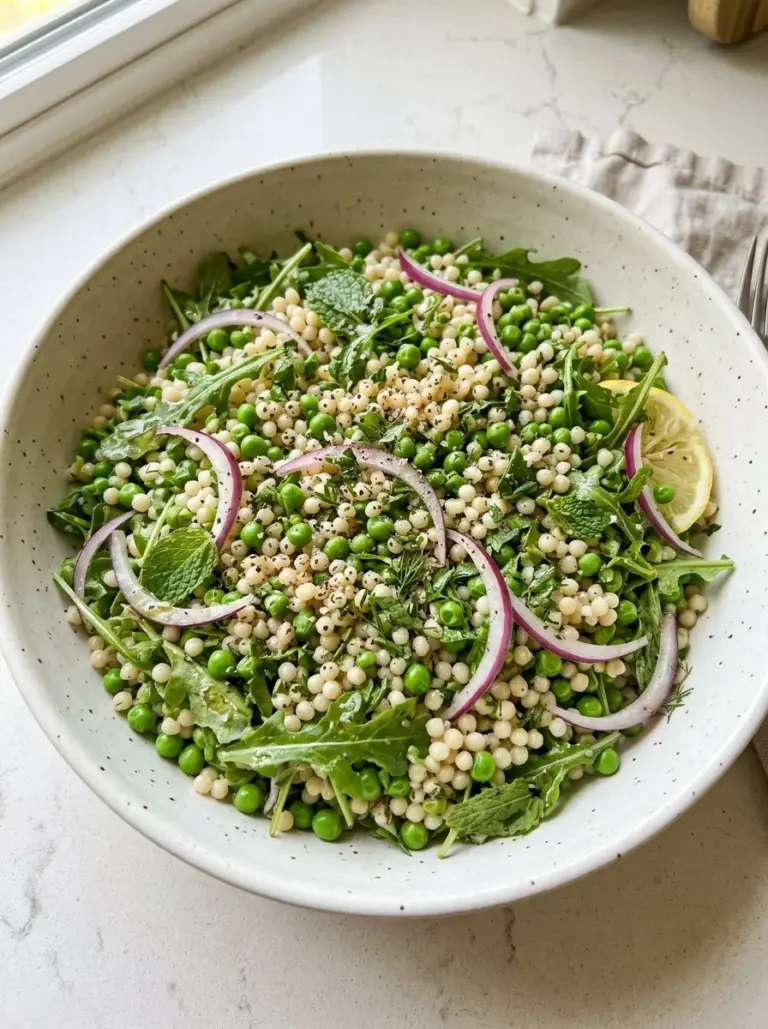 Colorful Spring Couscous Salad served in a bowl with fresh vegetables.