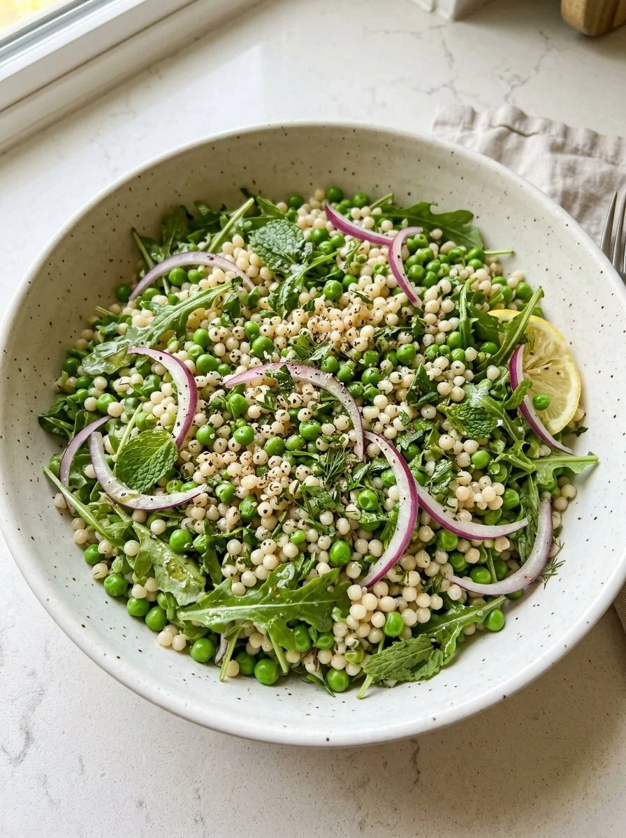 Colorful Spring Couscous Salad served in a bowl with fresh vegetables.