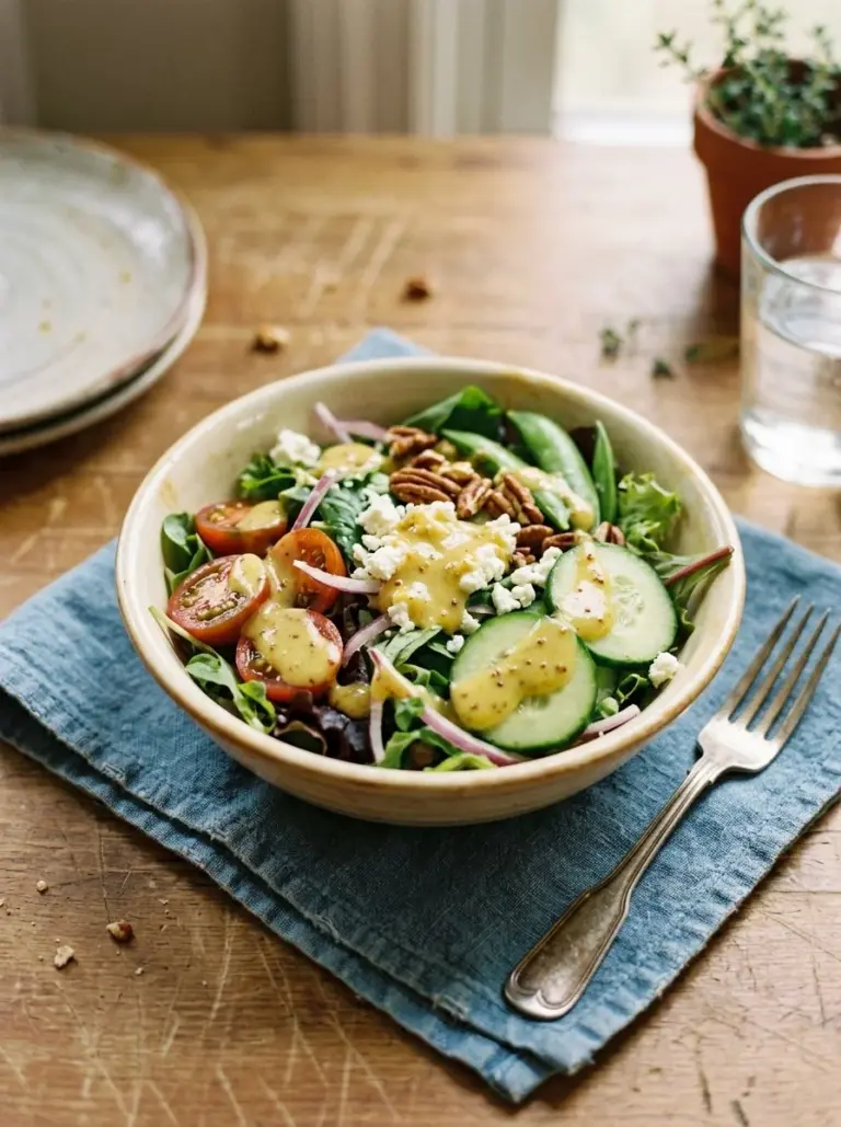 Spring salad with honey-mustard dressing served in a bowl with fresh vegetables