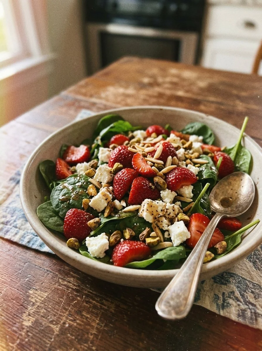 Strawberry Spinach Salad topped with Feta cheese and nuts in a bowl