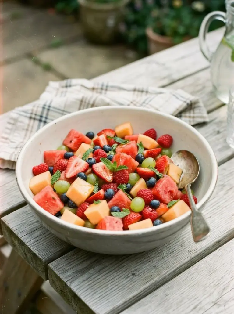 Colorful summer fruit salad featuring a mix of fresh seasonal fruits.